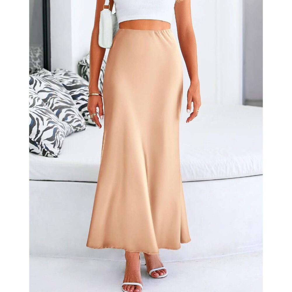 Women's Champagne Spring Silk Casual Waisted Cocktail Guest Mermaid Maxi Skirt - Picture 4 of 6